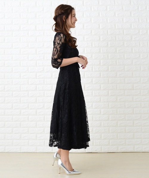 Lace Ladies ドレス ウエストリボン付きレース袖総レース