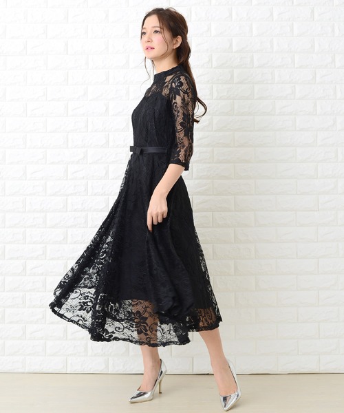 Lace Ladies ドレス ウエストリボン付きレース袖総レース
