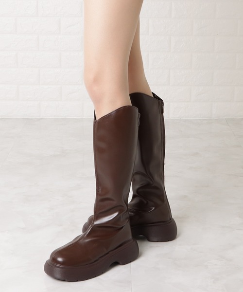 未使用袋付Max&Co レザーロングブーツグレージュ35 22~22.5cm程度 レザー調 サイドボタン 厚底 ラウンド ロング ブーツ（ブーツ