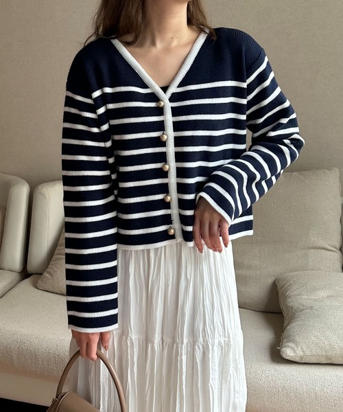 Isn't She？ カーディガン 金ボタンボーダーニットカーディガン