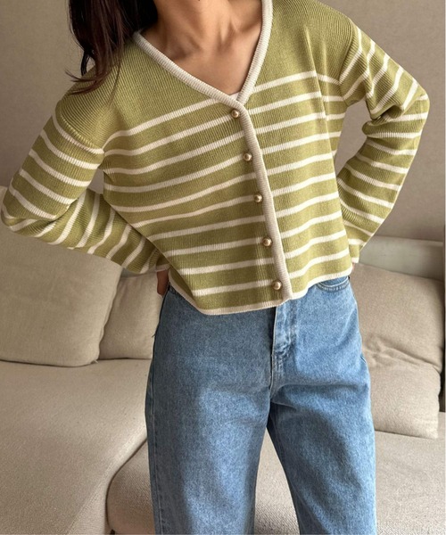 Isn't She？ カーディガン 金ボタンボーダーニットカーディガン