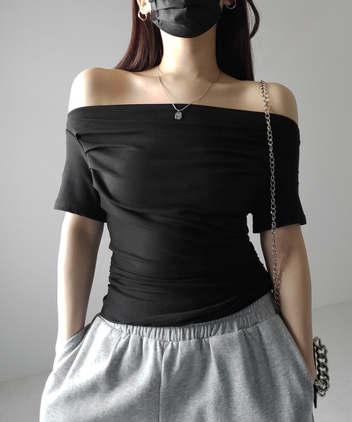 me+em select tシャツ 「 3color 」半袖タックデザインドレープ