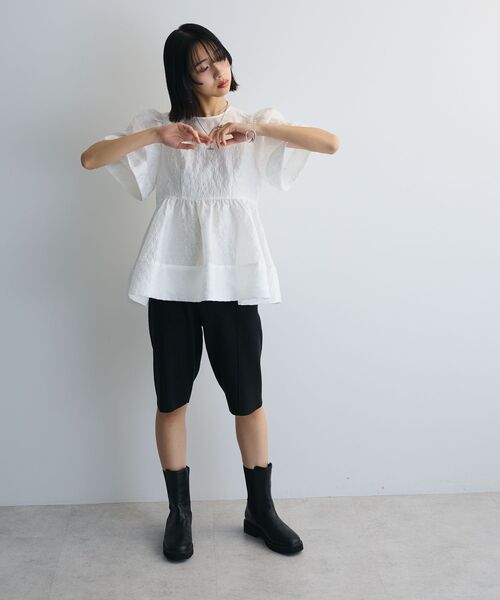 ブラウス レディース ジャカード パフスリーブ ペプラムシルエット きれいめ 送料無料 あすつく AnriettMusee ブラウス シャツ パフスリーブジャガードペプラム