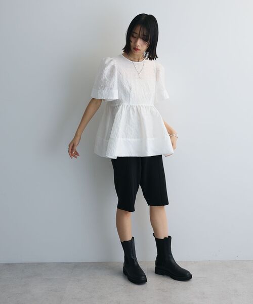 AnriettMusee ブラウス シャツ パフスリーブジャガードペプラム