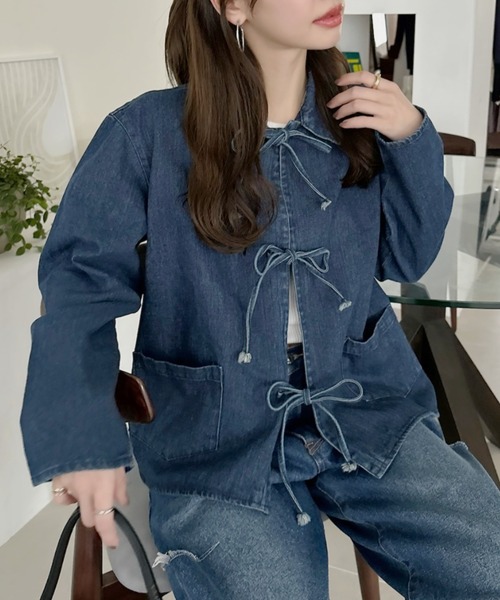 リボン付きデニムジャケット Ada. デニムジャケット gジャン リボン デザイン デニム シャツ