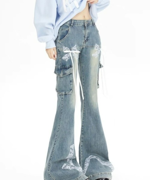 ampm（エーエムピーエム） カーゴパンツ リボンレースフレアカーゴ