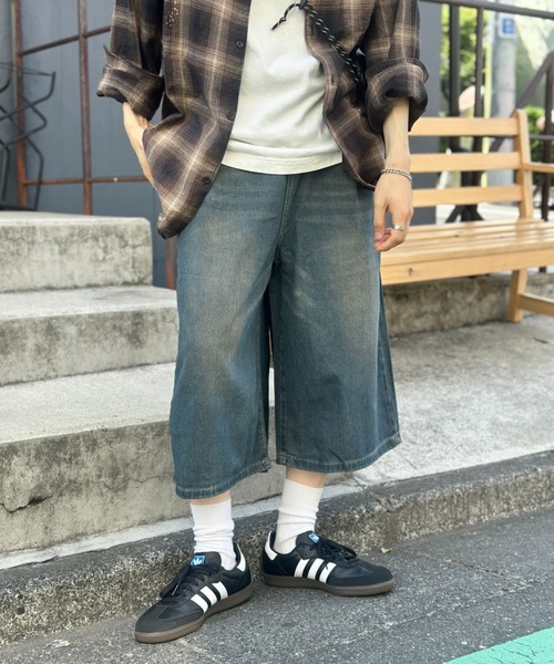 link lot ワイドパンツ ジーンズ ヴィンテージ加工デニムクロップド