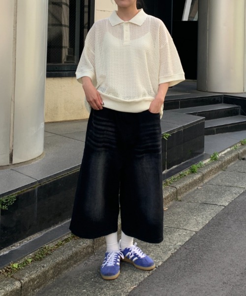 link lot ワイドパンツ ジーンズ ヴィンテージ加工デニムクロップド