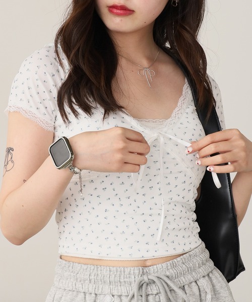 ROOP TOKYO tシャツ Flower Design Cross Lace Top / フラワーデザイン