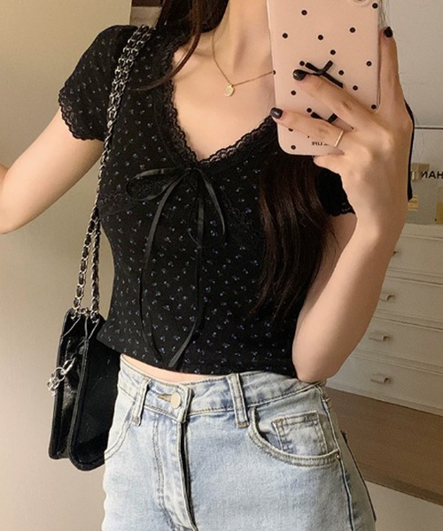 ROOP TOKYO tシャツ Flower Design Cross Lace Top / フラワーデザイン