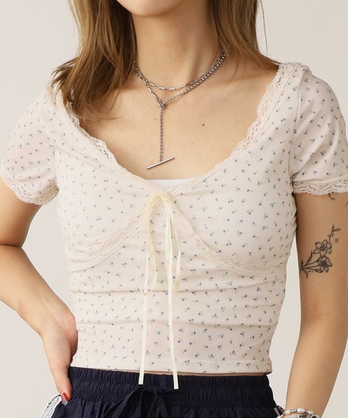 ROOP TOKYO tシャツ Flower Design Cross Lace Top / フラワーデザイン