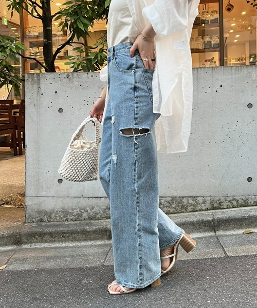 「DISCOAT」 ダメージ加工デニムパンツ LARGE ブルー レディース