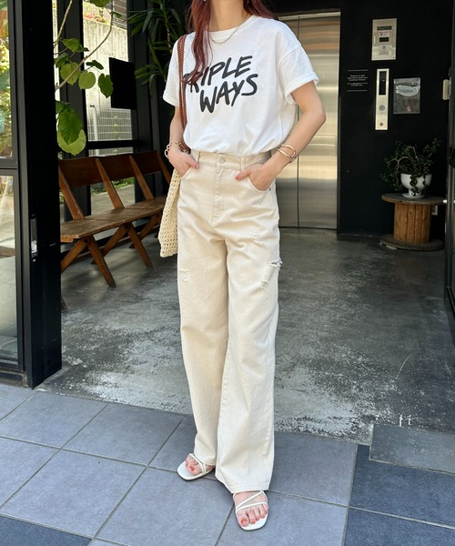 「DISCOAT」 ダメージ加工デニムパンツ LARGE ブルー レディース