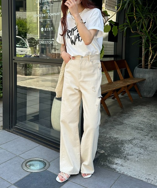 「DISCOAT」 ダメージ加工デニムパンツ LARGE ブルー レディース