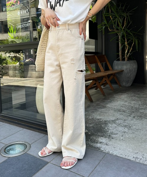 「DISCOAT」 ダメージ加工デニムパンツ LARGE ブルー レディース