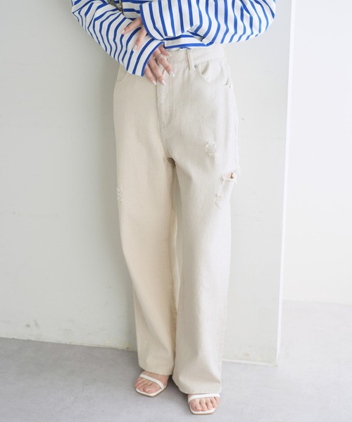 「DISCOAT」 ダメージ加工デニムパンツ LARGE ブルー レディース