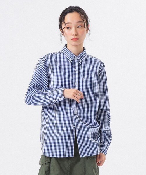 美品 45R バンドカラー ギンガムチェック ブラウス シャツ 紺 白 綿100 BEAMS BOY（ビームス ボーイ） ブラウス シャツ 100/2 ギンガム