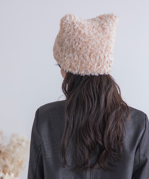 polcadot ニット帽 ニットキャップ 猫耳ファーワッチ ユニ