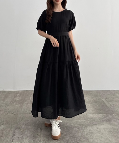 24SS 未使用 PLATINE パフスリーブティアードワンピース 麻混 CENEA（セネア） ワンピース パフスリーブティアードワンピース