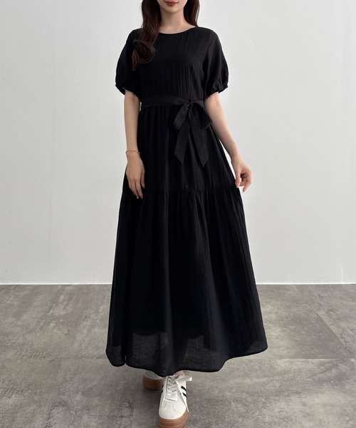 24SS 未使用 PLATINE パフスリーブティアードワンピース 麻混 CENEA（セネア） ワンピース 半袖 パフスリーブティアードワンピース