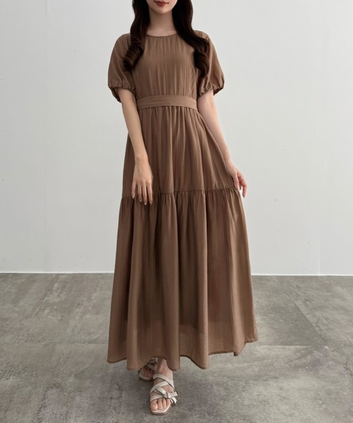 24SS 未使用 PLATINE パフスリーブティアードワンピース 麻混 CENEA（セネア） ワンピース パフスリーブティアードワンピース