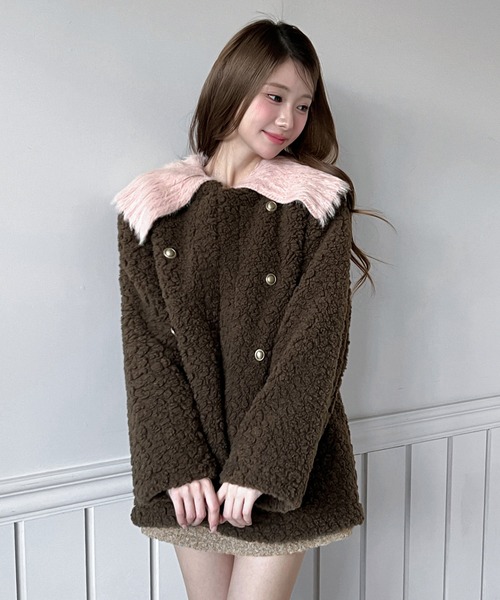 オンワード　高級ツイードジャケット　コート　ラビットリアルファー　ダブルボタン オンワード 高級ツイードジャケット コート ラビットリアルファー