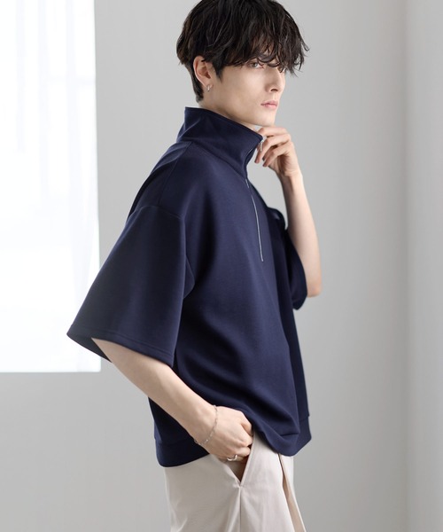 年末値下げ❗️ADABAT ネイビー ハーフジップ 半袖シャツ ASTRONOMY tシャツ 防シワ/抗ピリング ポンチ半袖ハーフジップ メンズ