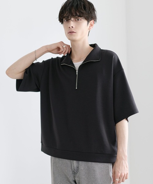 ASTRONOMY tシャツ 防シワ/抗ピリング ポンチ半袖ハーフジップ メンズ