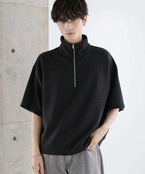 ASTRONOMY tシャツ 防シワ/抗ピリング ポンチ半袖ハーフジップ メンズ