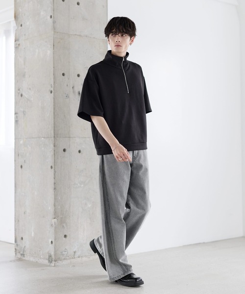 ASTRONOMY tシャツ 防シワ/抗ピリング ポンチ半袖ハーフジップ メンズ