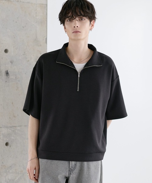 ASTRONOMY tシャツ 防シワ/抗ピリング ポンチ半袖ハーフジップ メンズ