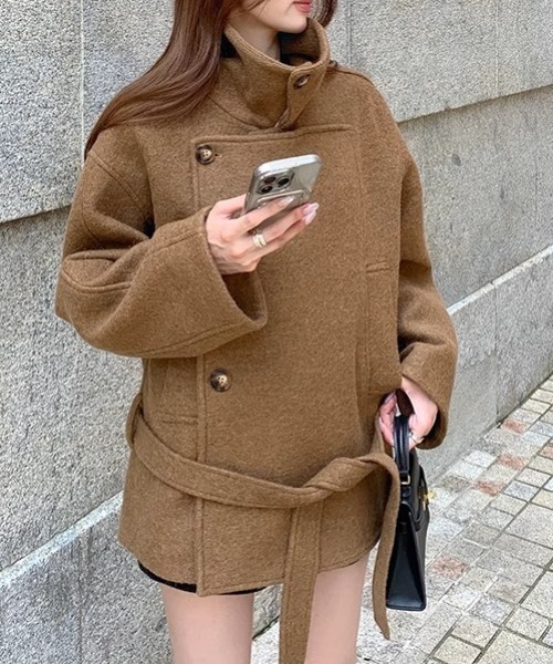 ピーコート pコート ダブルブレストメルトンウエスト絞りショート
