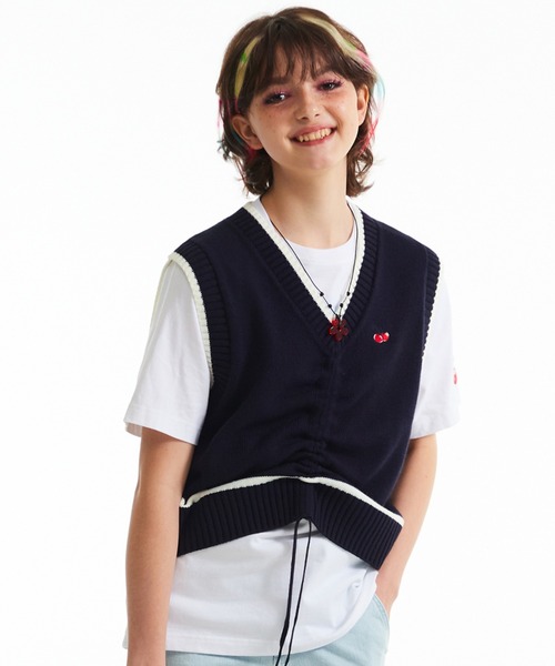 ベスト ジレ KIRSH CHERRY SHIRRING KNIT VEST/キルシーチェリーシャーリングニットベスト レディース