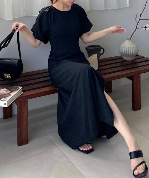 ヤマダヤ　パフスリーブ　ワンピース シアーパフスリーブロングワンピース - Aga Black - Aga｜YAMADAYA STORE