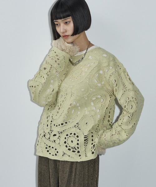 THE Yon ニット ペイズリークロシェレースルーズフィットニットプル 