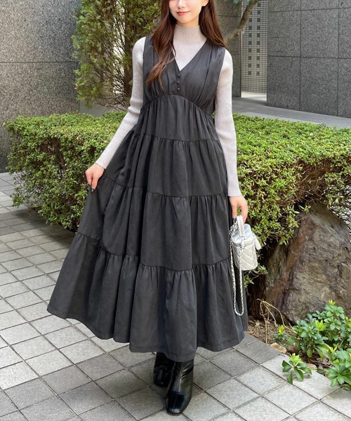 clear ワンピース 「低身長用サイズ有」ピーチ起毛Vネックティアード