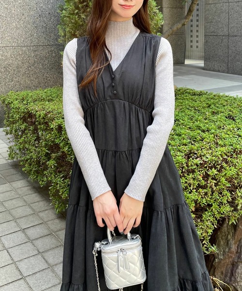 clear ワンピース 「低身長用サイズ有」ピーチ起毛Vネックティアード