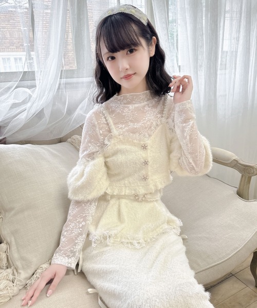 tシャツ ラメフェザービスチェ×レースTOPS SET レディース
