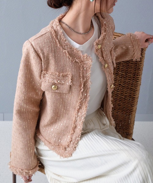 ジャケット ノーカラージャケット ゴールド調ボタン ラメツイード
