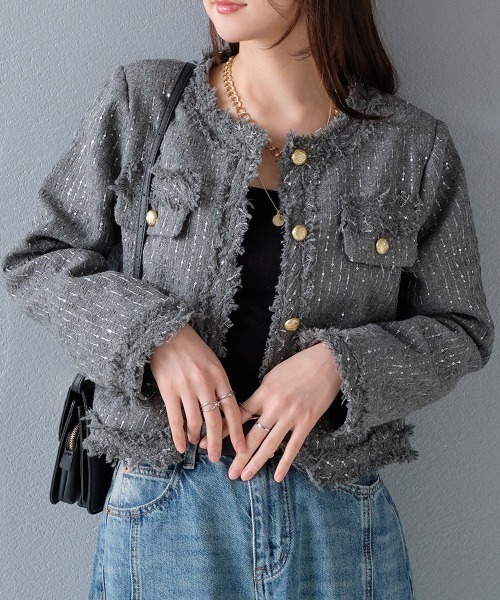 ジャケット ノーカラージャケット ゴールド調ボタン ラメツイード