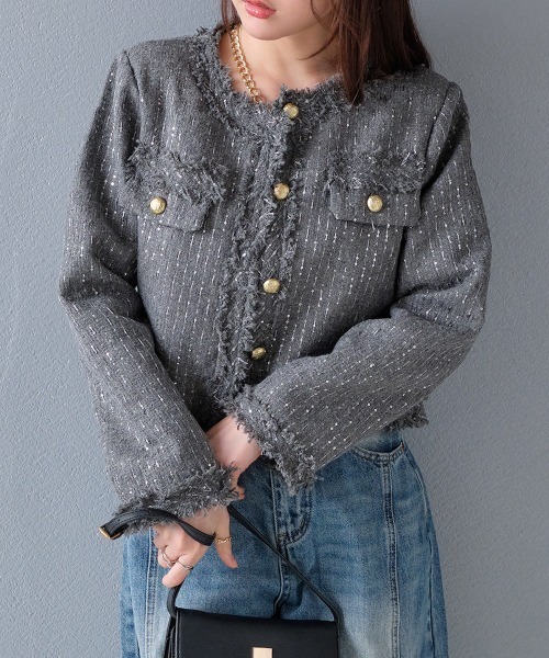 ジャケット ノーカラージャケット ゴールド調ボタン ラメツイード