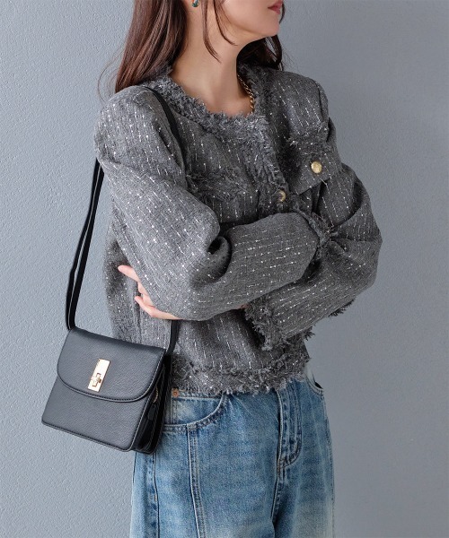 ジャケット ノーカラージャケット ゴールド調ボタン ラメツイード