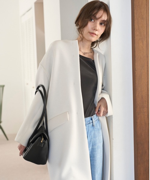 ミラオーウェン ウール コート ノーカラーコート　美品 Mila Owen ノーカラーコート コート ノーカラーフラップポケット