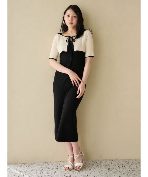 MERCURYDUO 半袖ニットワンピ MERCURYDUO ワンピース 3WAY配色バックレースアップ半袖ニット