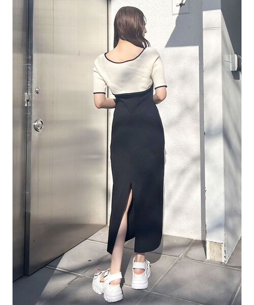 MERCURYDUO 半袖ニットワンピ MERCURYDUO ワンピース 3WAY配色バックレースアップ半袖ニット
