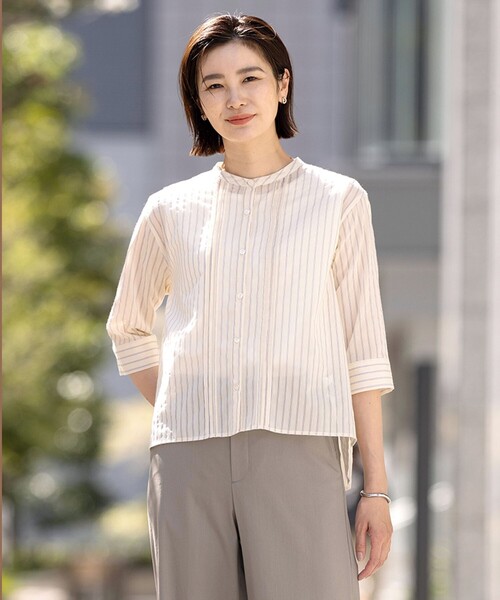 tシャツ 「洗える」シアーピンストライプ ブラウスライク カットソー レディース tシャツ 「洗える」シアーピンストライプ ブラウスライク