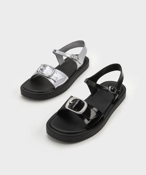 最終値下げCharles&Keithブラック サンダル24〜24.5(箱、袋付き バックル フラットフォームサンダル - Black Box | CHARLES