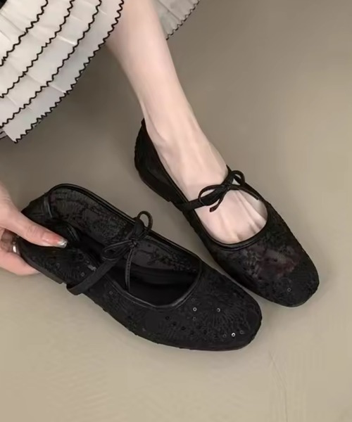 VIBGYOR パンプス FReePLACe/シアー レース リボン フラットシューズ