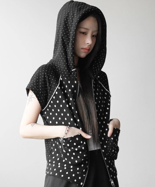 パーカー A'GEM/9 × .kom「.KOM/ドットケーオーエム」ドット半袖フーディージップパーカー レディース