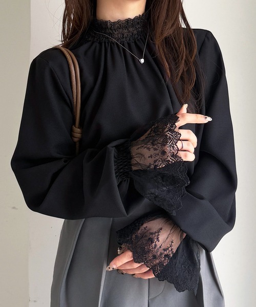 RANAN（ラナン） ブラウス シャツ レースフリルプチハイネックブラウス